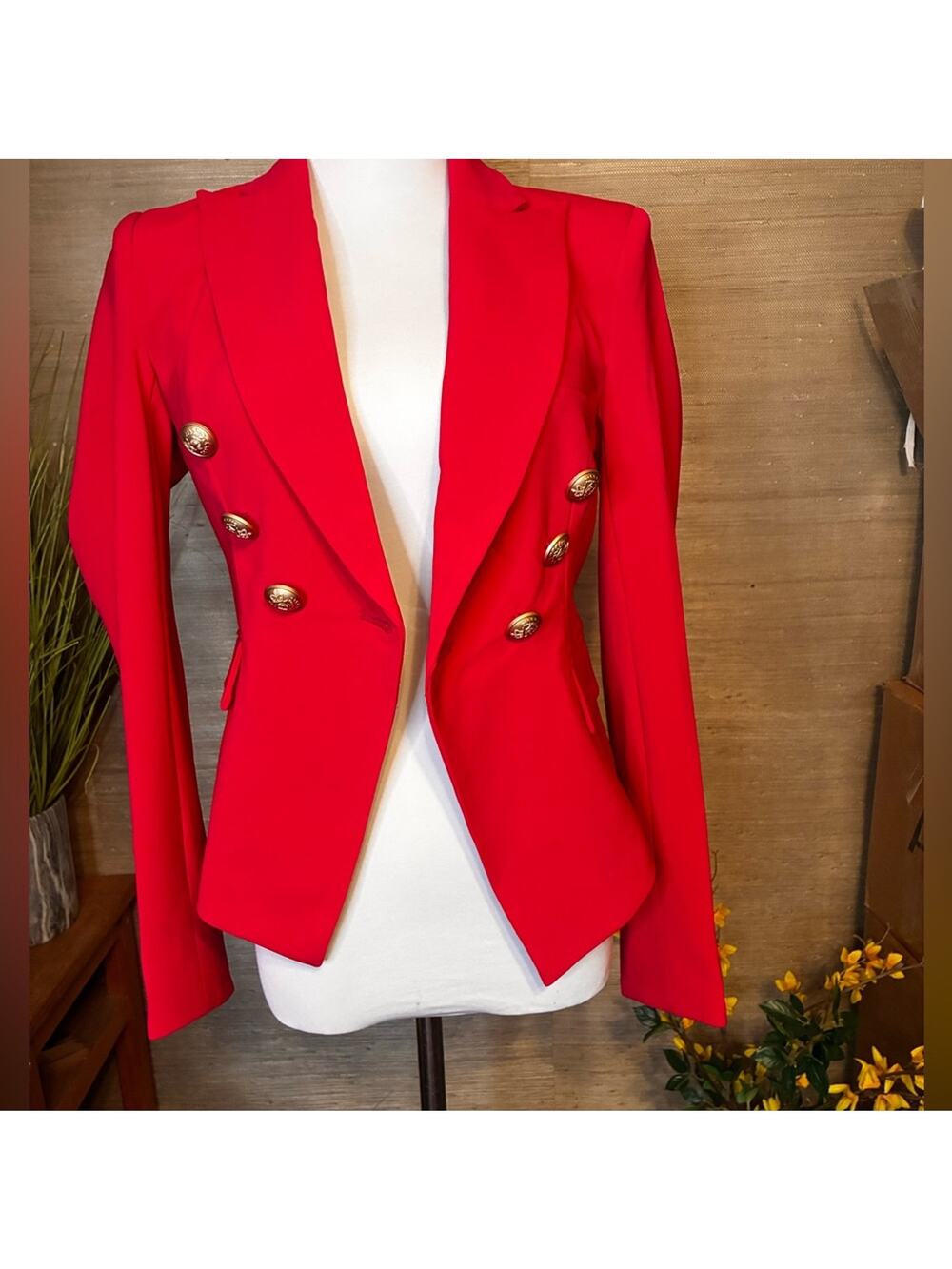 Chic Red Blazer with Gold Buttons